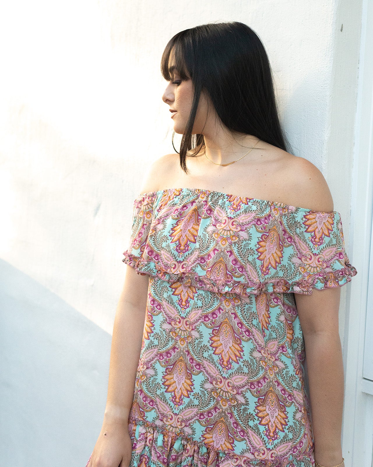 Addis Maxi Dress in vibrant boho print with tiered silhouette and off-shoulder style