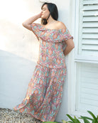Addis Maxi Dress in vibrant boho print with tiered silhouette and off-shoulder style