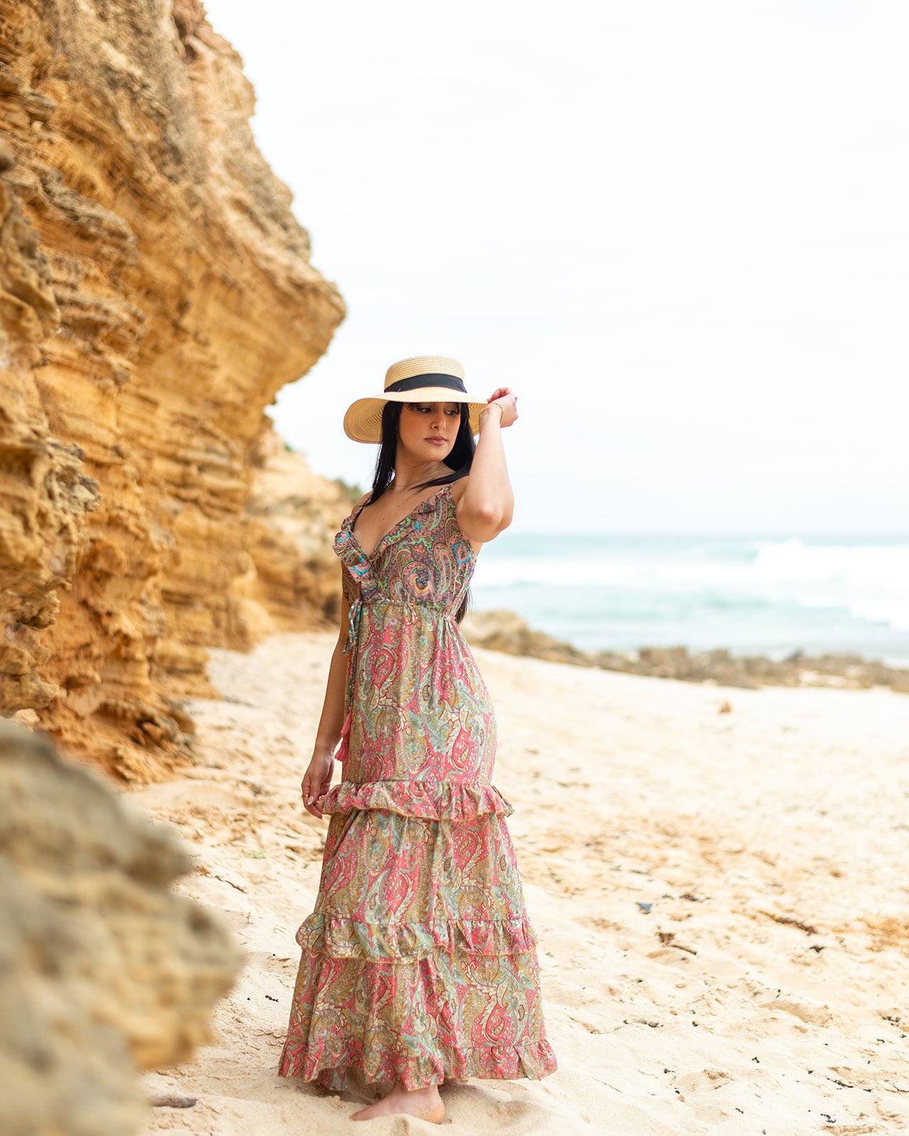 Airlie Pink Maxi Dress with pastel paisley print and adjustable straps