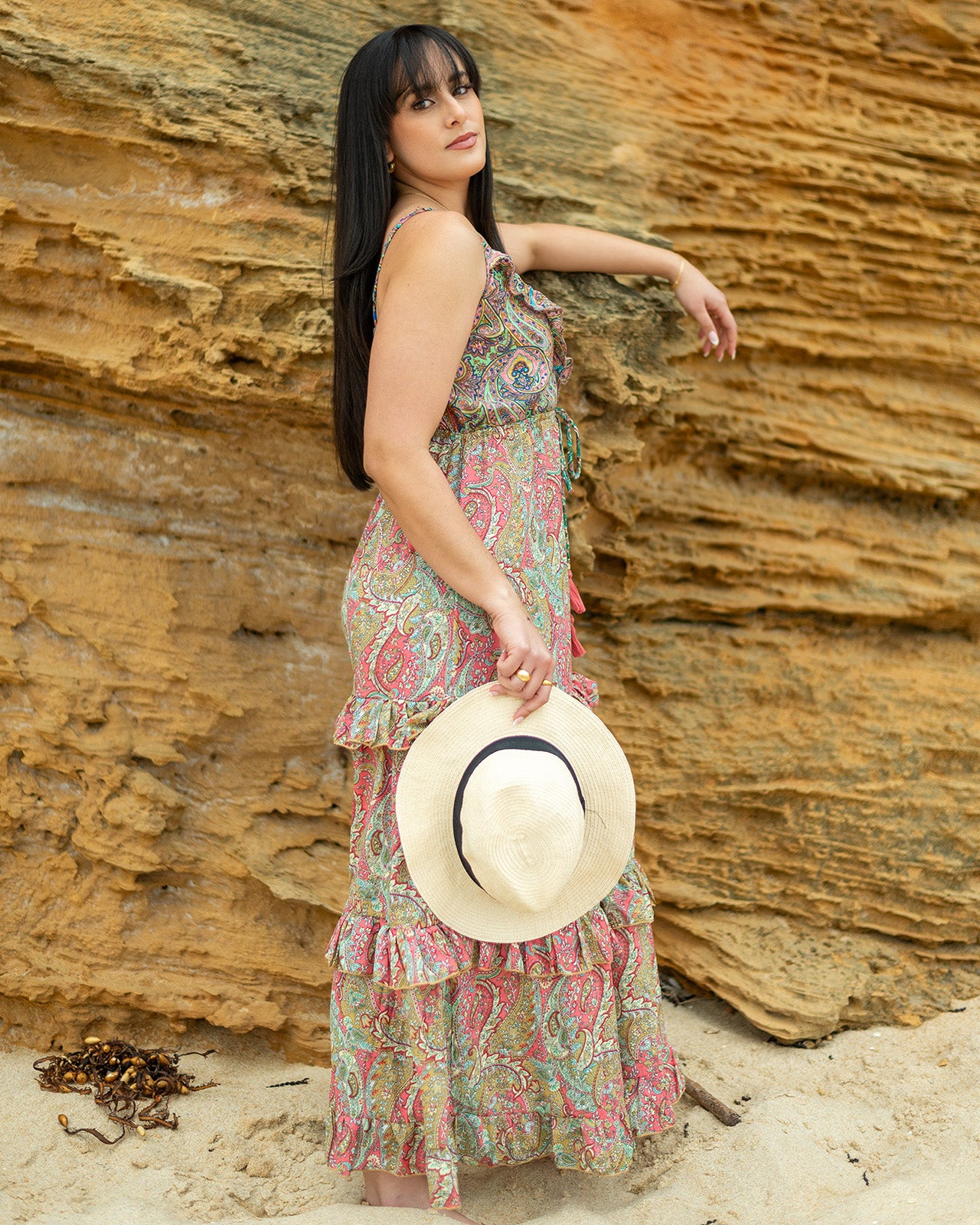 Airlie Pink Maxi Dress with pastel paisley print and adjustable straps