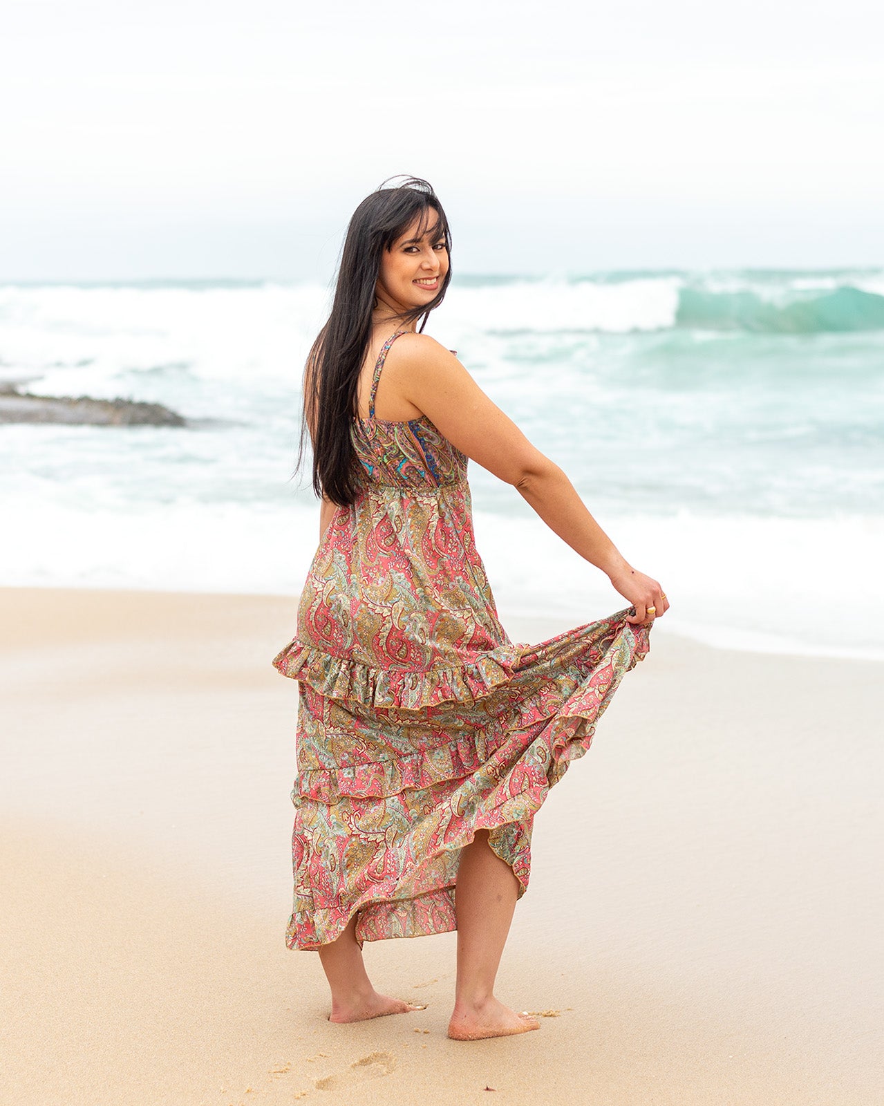 Airlie Pink Maxi Dress with pastel paisley print and adjustable straps