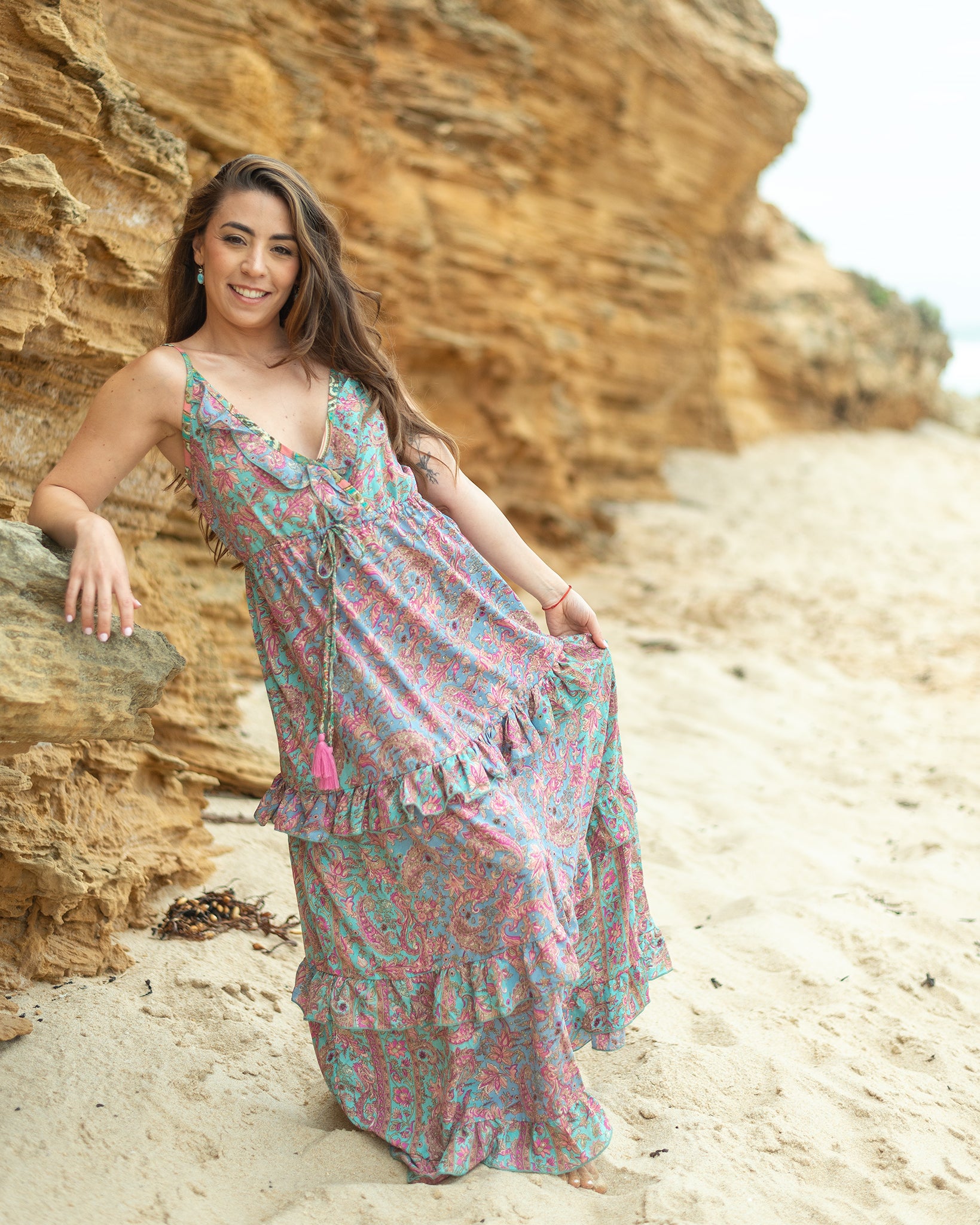 Airlie Purple Maxi Dress with pastel paisley print and adjustable straps