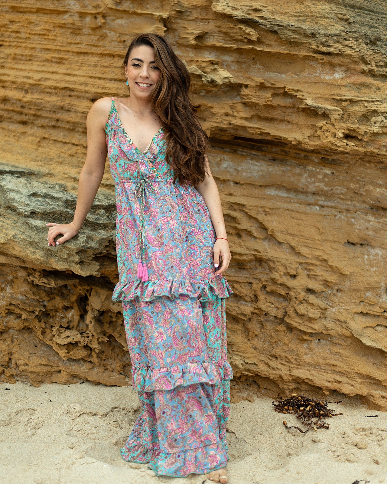 Airlie Purple Maxi Dress with pastel paisley print and adjustable straps